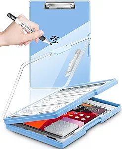 Photo 1 of Clearview Clipboard with 2 Storage, Dry Erase 8.5x11 Heavy Duty ClipBoards - High Capacity Coaches Clip Board with Pen Holder - Side Opening Plastic Nursing Clip Case - Aqua Blue