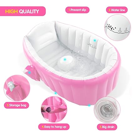 Photo 1 of Inflatable Baby Bathtub, Portable Infant Toddler Bathing Tub Non Slip Travel Bathtub Mini Air Swimming Pool Kids Thick Foldable Shower Basin with Air Pump, Pink