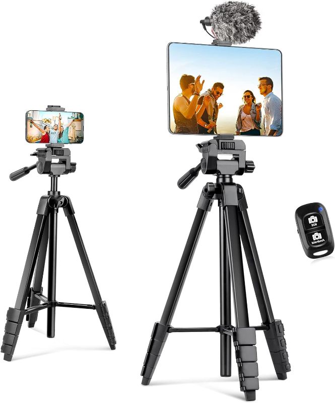 Photo 1 of Aureday Phone Tripod Stand, 64” Extendable Cell Phone&Camera Tripod with Wireless Remote and Phone Holder, Aluminum iPad Tripod for Video Recording/Selfies/Live Stream/Vlogging Black