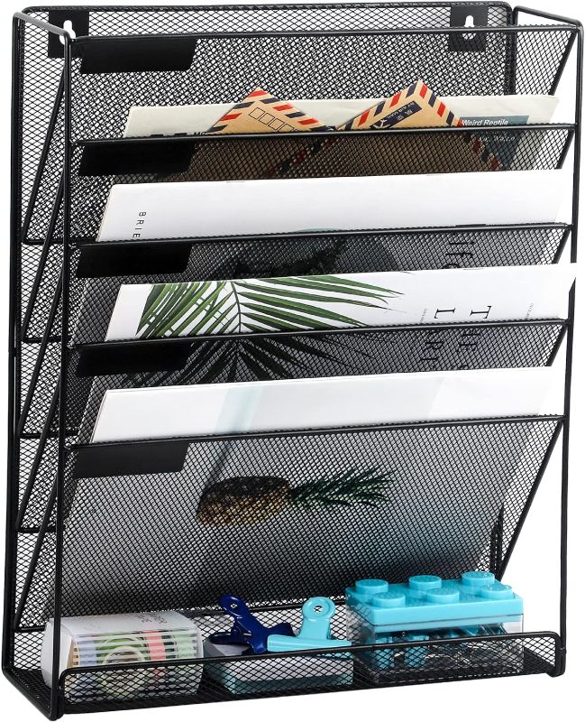 Photo 1 of EASEPRES Desk File Organizer Mesh 5-Tier, Hanging Wall Mount Document Organization Stand, Desktop Vertical Mail Paper Folder Holder Rack with Bottom Tray for Office Home Cubicle Countertop, Black