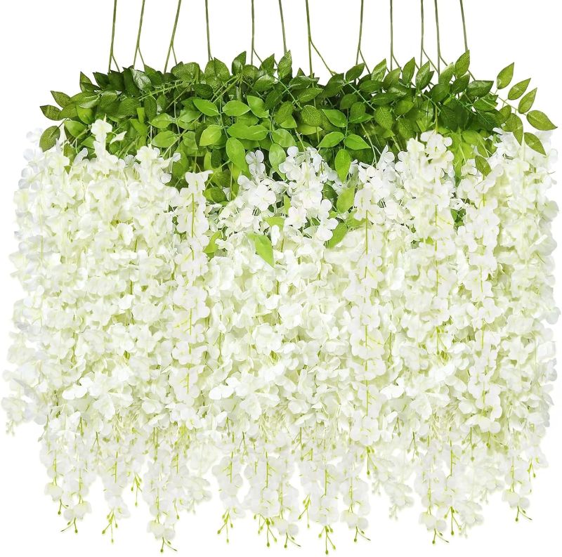 Photo 1 of 12 Pack Artificial Hanging Flowers Wisteria Garland Lush Long Silk Flower Vines for Outdoor Indoor Wedding Arch Backdrop Party Room Wall Decor (White)
