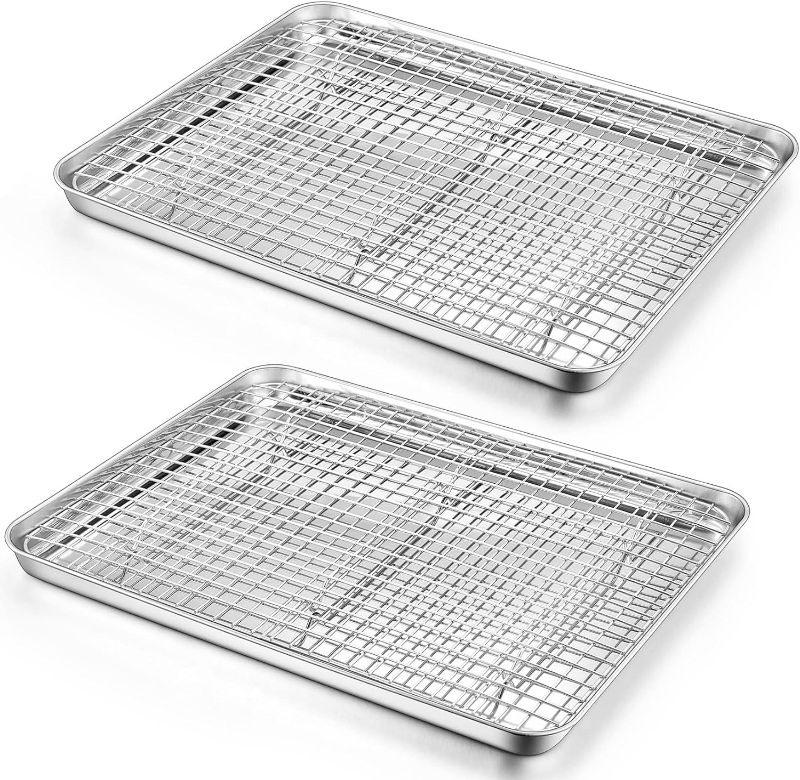 Photo 1 of Baking Sheet Pan with Rack Set(2 Pans & 2 Racks), Joyfair 16 Inch Stainless Steel Cookie Sheets with Cooling Racks, Non-toxic & Commercial Grade, Extra Thick & Rolled Rim, Rust-free & Dishwasher Safe