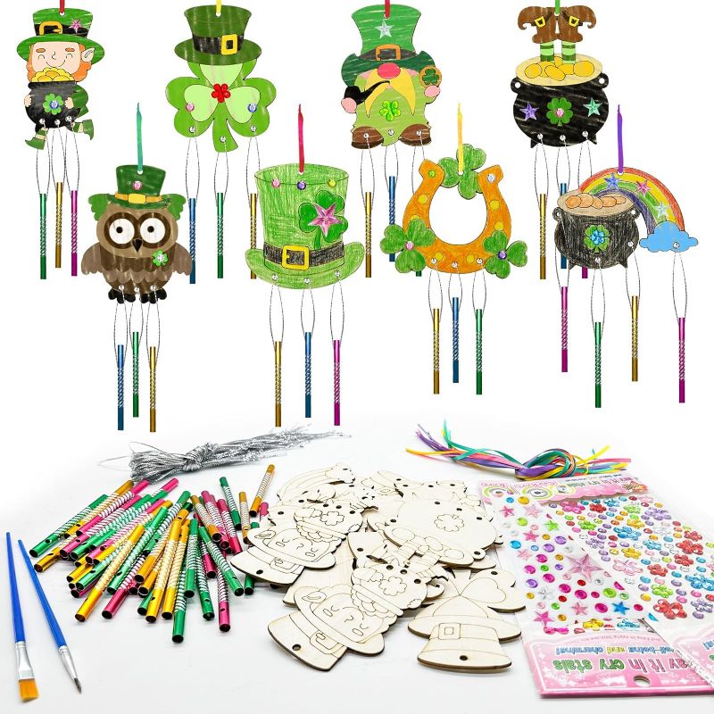 Photo 1 of 16 Pack St. Patrick's Day Craft Wind Chimes Kit, Shamrock Lucky Wood Arts Crafts Saint Patrick's Sunbathers DIY Coloring Craft Ornaments Decorations for Classroom Irish Party DIY Art Activity