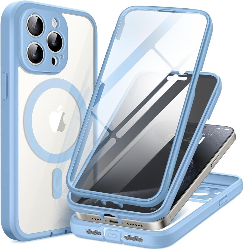 Photo 1 of Magnetic for iPhone 15 Pro Max Case, [Dustproof Design] Compatible with MagSafe, Built-in 9H Tempered Glass Screen Protector + Privacy Screen Protector & Upgraded Camera Protection, Sky Blue