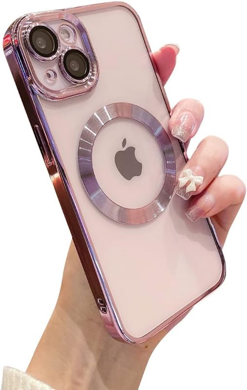 Photo 1 of Threehundred for iPhone 13 Case Magnetic Clear with Camera Lens Protector Full Protection MagSafe Electroplated Silicone Dust-Proof Net Shockproof Protective Case Cover 6.1 Inch - Pink