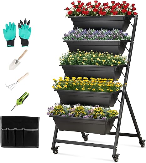 Photo 1 of 4.5Ft Vertical Garden Planters 5 Tier Freestanding Herb Garden Planter Outdoor/Indoor Vegetables Flowers Raised Beds Container Boxes with Wheels Garden Tools for Backyard Patio Plants(Black)