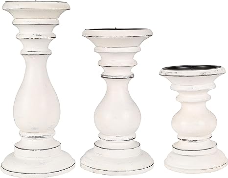 Photo 1 of Benzara Wooden Pillar Shaped Candleholder, Set of 3, White