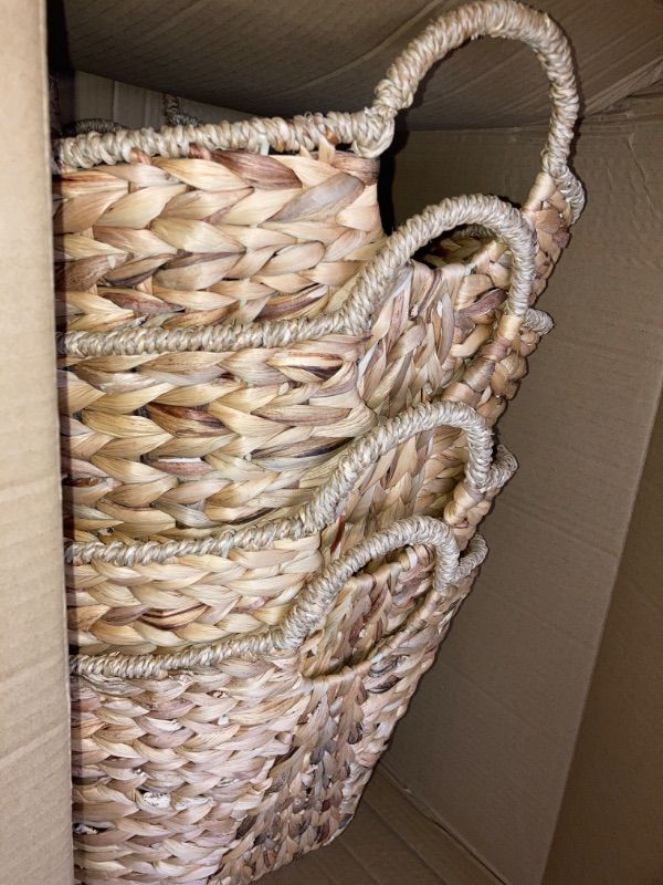 Photo 2 of 4 Pcs Seagrass Handmade Large Woven Storage Basket with Handles Natural Water Hyacinth Laundry Baskets Seagrass Laundry Hamper Wicker Blanket for Living Room Bathroom Dirty Clothes Toys Nursery