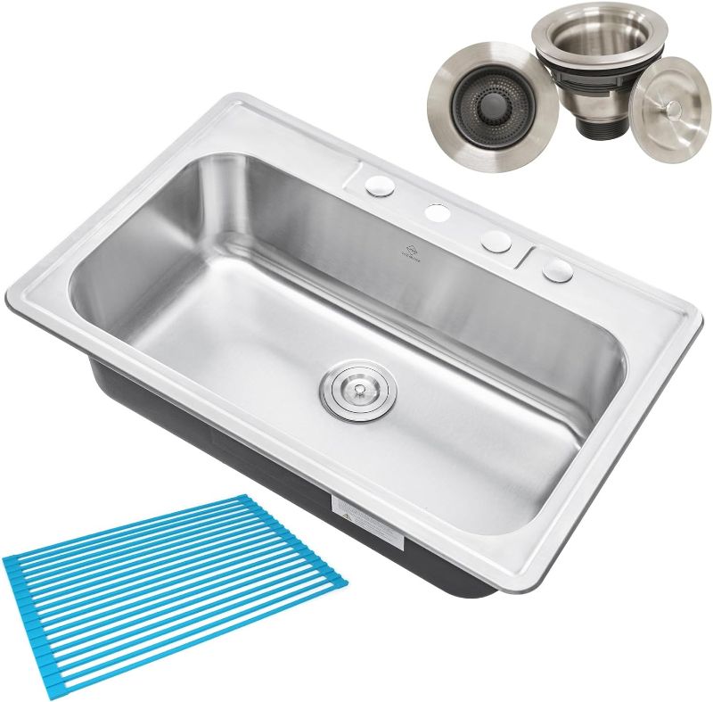 Photo 1 of 25'L x 22' W x 9'D top mount single bowl kitchen sink 20-gauge stainless steel four faucet holes