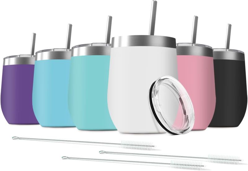 Photo 1 of 6 Pack 12 oz Stainless Steel Wine Tumbler with Lids, Double Wall Vacuum Insulated Travel Cup Including 6 Straws Set for Coffee, Cocktail, Drink, Tea and Beer(Assorted Colors)