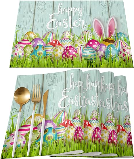 Photo 1 of  Single Easter Placemat  Cotton Linen Heat Resistant Table Mats Non-Slip Washable Happy Easter Colorful Eggs Rabbit Wood Grain Placemat for Holiday Banquet Dining Kitchen Table Decor