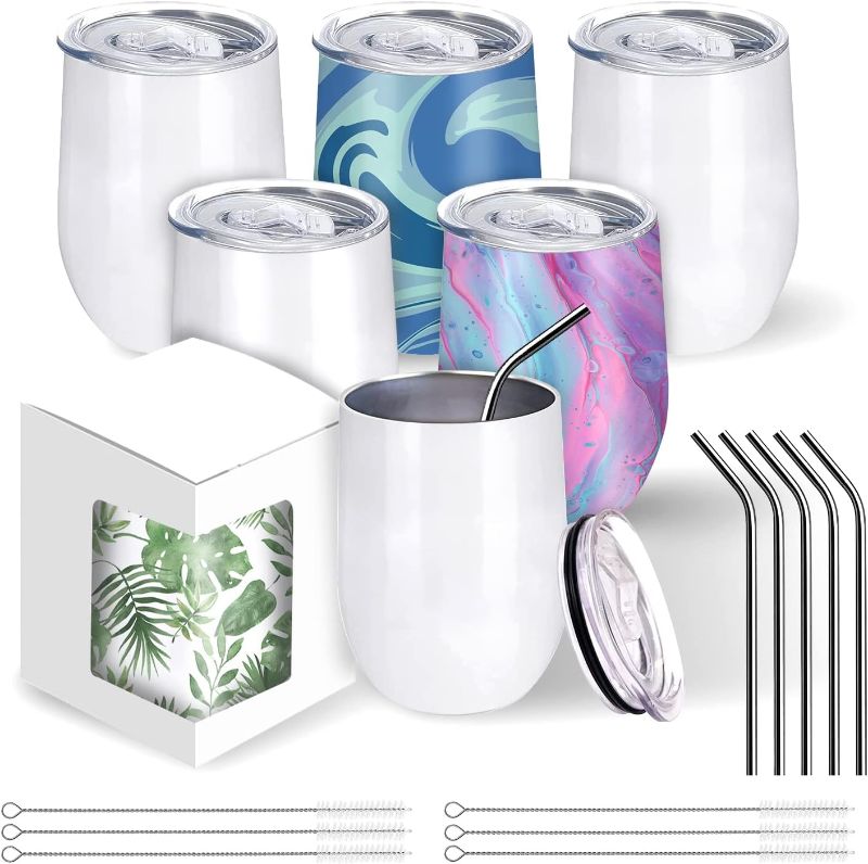 Photo 1 of BetterSub 6 Sets 12 oz Sublimation Wine Tumblers, Double Wall Insulated Sublimation Blanks Tumblers, Stainless Steel Sublimation Cups with Lid, Metal Straw, Brush,Display Box, White
