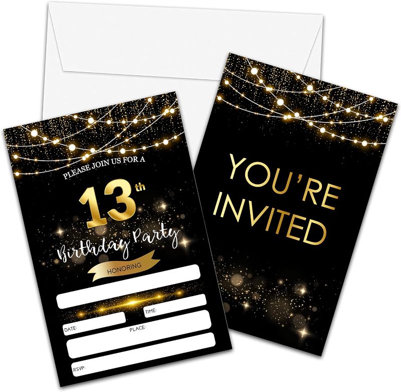 Photo 1 of 13th Birthday Invitation - Black And Gold Birthday Invite - Birthday Invite Ideas For Girls Boys Teenager Kids - 20 Fill-in Invitation Cards With 20 Envelopes -TH001