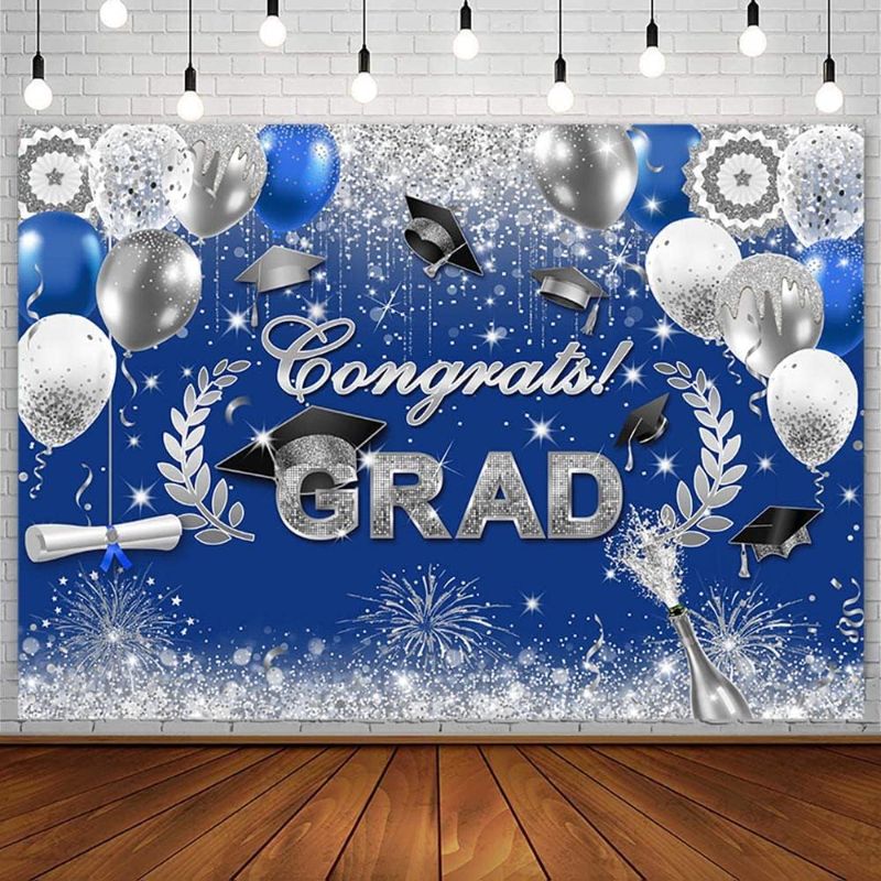 Photo 1 of 7x5ft Congrats Grad Backdrop Royal Blue Silver Glitter Graduation Photography Background Class of 2023 Celebration Prom Party Decorations Congratulations on Graduation Banner Photoshoot Props