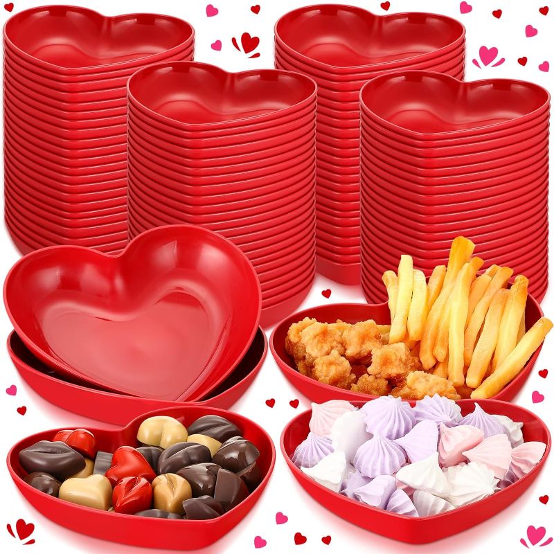 Photo 1 of 100 Pieces 6 Inch Valentine's Day Heart Shaped Side Dishes Bowl Red Dipping Sauces Bowls Plastic Small Heart Shaped Bowl Heart Shaped Plates for Sushi Fruit Appetizer Cake Soy Dessert Seasoning
