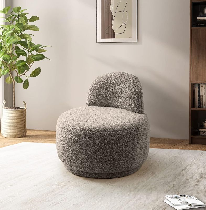 Photo 1 of  Modern Sherpa Round Sofa Chair, Teddy Plush Fur Fabric Accent Chair for Coffee Shop, Upholstered Contemporary Side Chair, Armless Luxury Sheep Skin Barrel Chair Vanity Stool, Grey