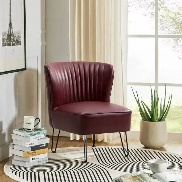 Photo 1 of  Faux Leather Accent Chair with Metal Base, Mid Century Modern Living Room Chair, Comfy Upholstered Armless Side Chair for Bedroom, Burgundy