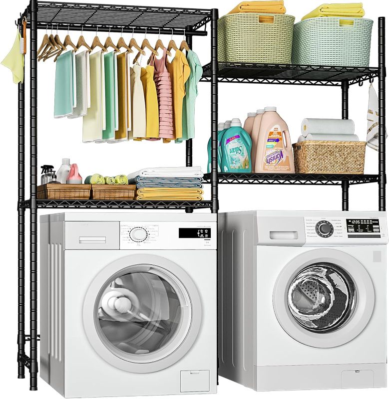 Photo 1 of Ulif U10 Laundry Room Organization and Storage, Metal Over Washer and Dryer Shelves, Metal Freestanding Space Saver for Hanging Clothes and Towels, 65.2" W x 11.8" D x 77.2" H, Black