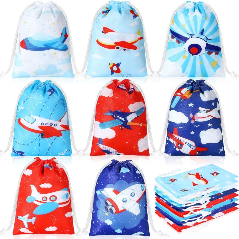 Photo 1 of Kajaia 24 Pieces Airplane Party Favor Bags Airplane Goodie Bags Airplane Birthday Party Supplies Airplane Theme Candy Treat Bags Reusable Drawstring Gift Bags for Kids Travel Party Baby Shower Decor