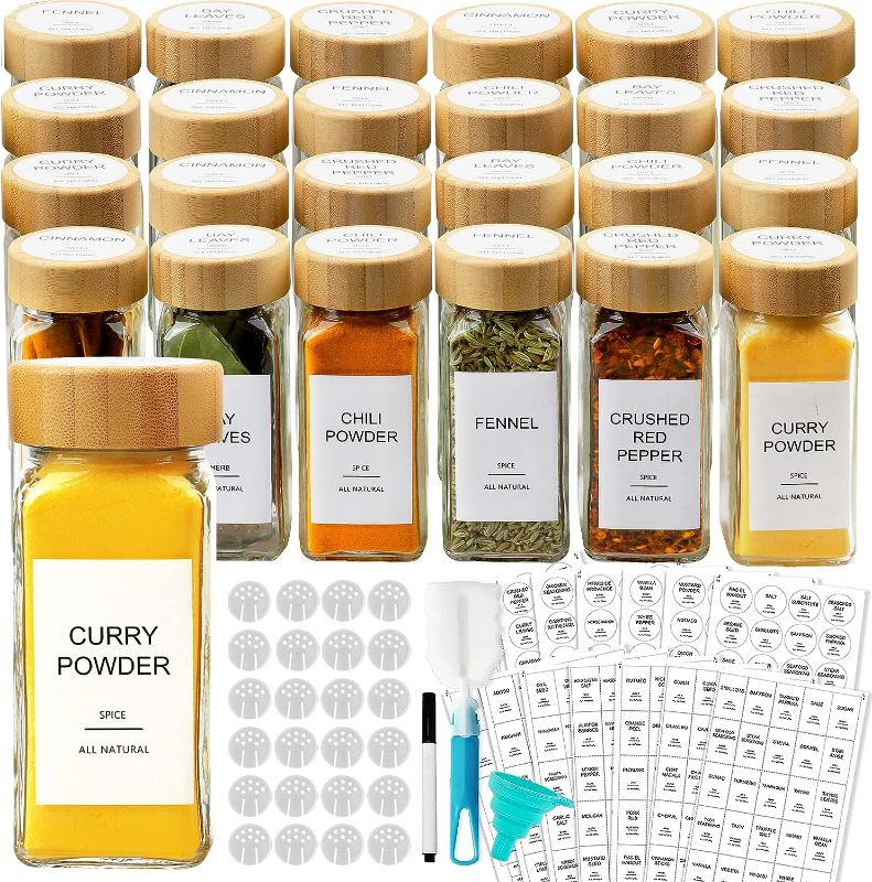 Photo 1 of AISIPRIN 24 Pcs Glass Spice Jars with Bamboo Airtight Lids and 398 Labels, 4oz Empty Square Containers Seasoning Storage Bottles,Salt and Pepper Shakers-Shaker Lids, Funnel, Brush and Marker Included

