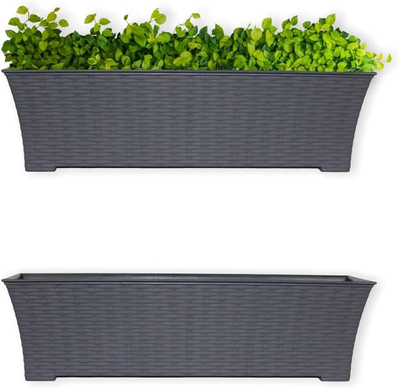 Photo 1 of Elly Décor Set of 2 24x8 Rectangular Modern, Resistant and Self Watering Planter with Rattan-Like Finish, 24", Gray