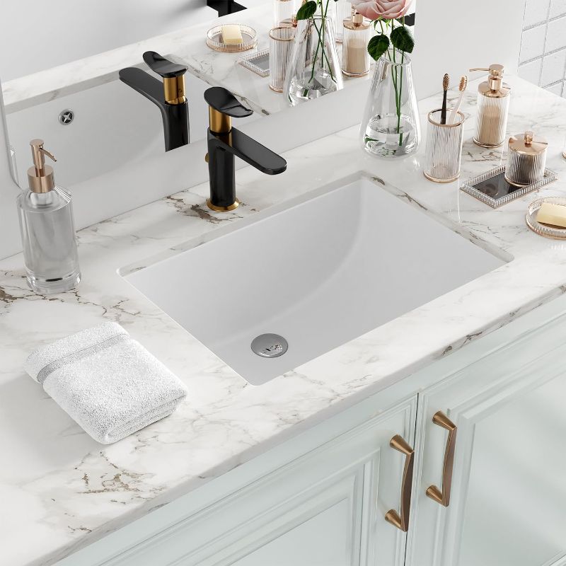 Photo 1 of Undermount Bathroom Sink Rectangle, Hugsleek Interior Bowl  inch White Porcelain Ceramic Vessel Sink Under Counter Exterior Rectangular Bath Sink Basin Lavatory Fireclay