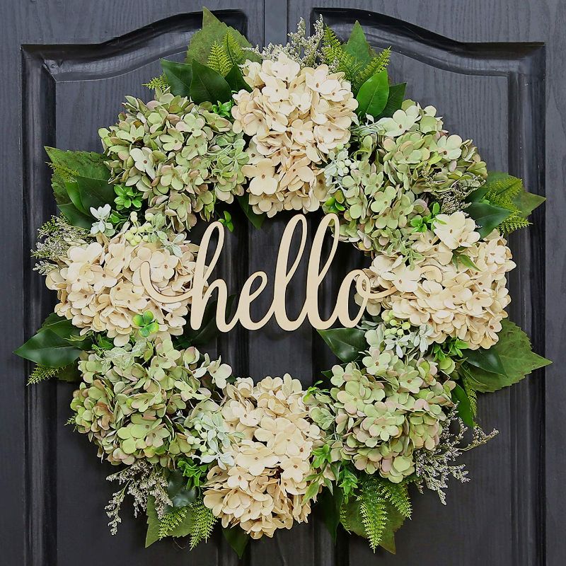 Photo 1 of QUNWREATH Spring Wreath for Front Door Wreath 18 Inch Green Hydrangea Wreath Summer Wreath Handmade Hello Wreath Farmhouse Wreath Grapevine Wreath White & Green.
