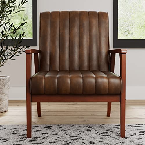 Photo 1 of Edenbrook Carlton?Exposed Wooden Arm Accent Chair for Living Room-Real Wood-Modern Channeled Tufting, Brown