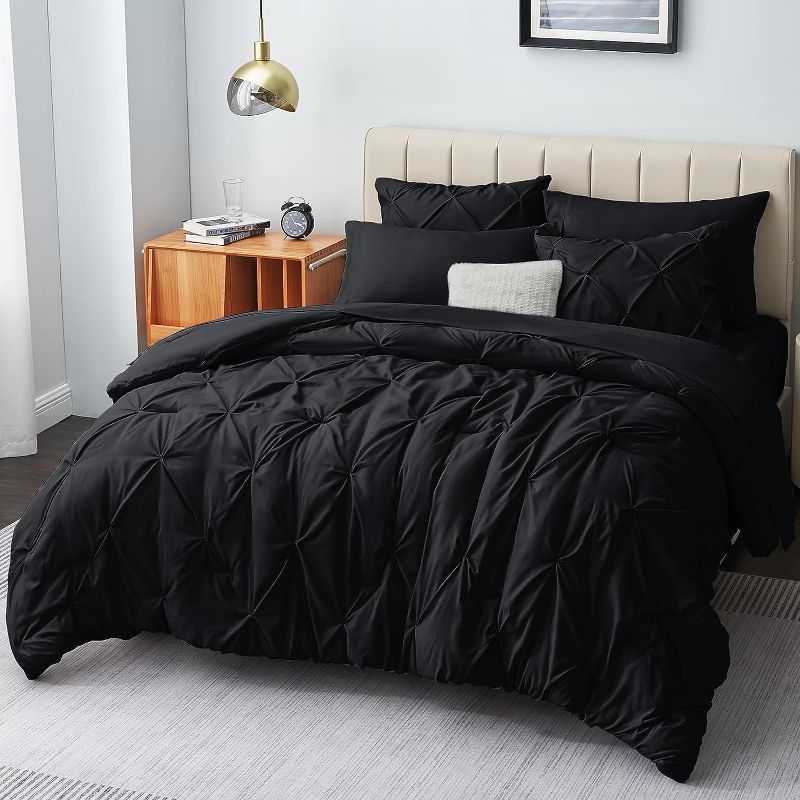 Photo 1 of CozyLux Queen Comforter Set - 7 Pieces Comforters Queen Size Black, Pintuck Bed in A Bag Pinch Pleat Complete Bedding Sets with Comforter, Flat Sheet, Fitted Sheet and Pillowcases & Shams
