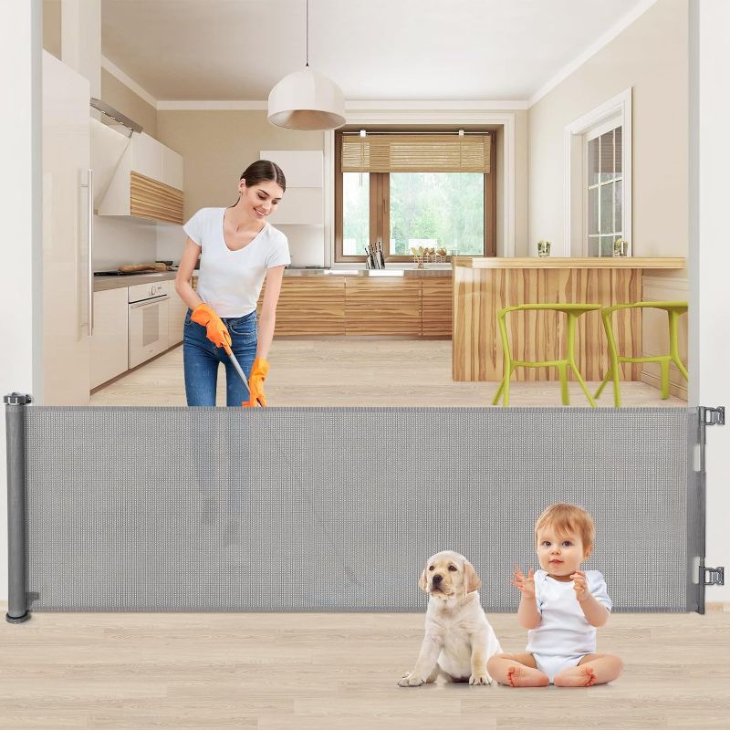 Photo 1 of 120 Inches Retractable Baby Gates Extra Wide for Large Openings Extra Long Mesh Pet Dog Gate for Stairs Doorways Hallways Indoor Outdoor Gray