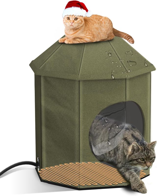 Photo 1 of Heated Cat Houses for Outdoor Cats,Outdoor Cat House for Winter, Castle House Design,Extremely Waterproof, Cat House Insulated with Heated Pad for Outdoor Stray Barn Cat& Kittens (Olive Green)