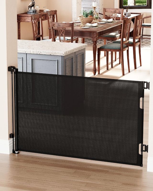 Photo 1 of Cumbor Retractable Baby Gates for Stairs, Extends up to 55" Wide Mesh Dog Gate for The House, 34" Tall Black/White https://a.co/d/fS7ZTtM