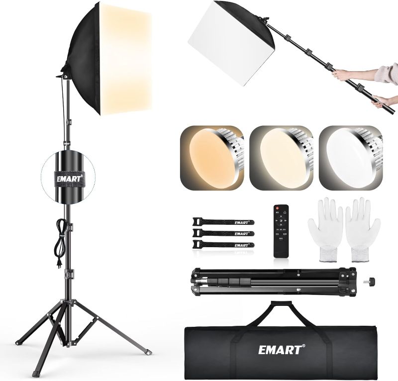 Photo 1 of 
EMART Softbox Lighting Kit, 16"X16" Soft Box | 3000K-6000K 85W LED Bulbs with Remote | 65" Tripod, Professional Softbox Photography Lighting Kit for Studio Lights, Portrait, Video Recording(1PACK) https://a.co/d/1ZWPuBy