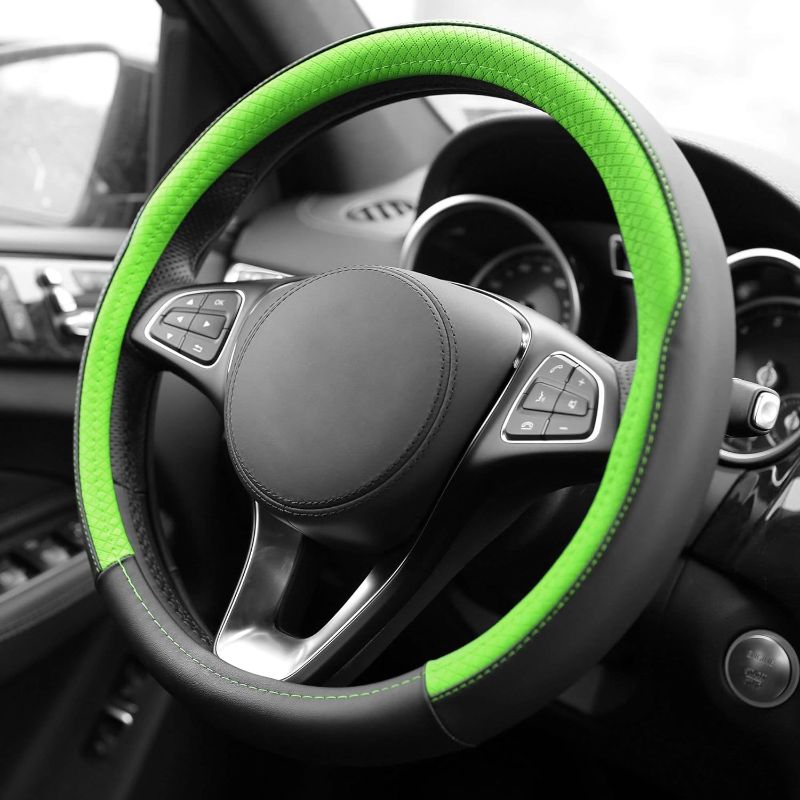 Photo 1 of FH Group FH2009 Geometric Chic Genuine Leather Steering Wheel Cover (Green) – Universal Fit for Cars Trucks & SUVs https://a.co/d/dJO9X2s