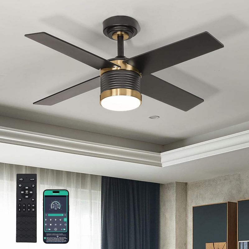 Photo 1 of 42 Inch Black Ceiling Fan with Lights and Remote, 6 Blade App Control Timer Reversible Stepless Brightness and Color Temperature Outdoor Wood Ceiling Fan with Lights,Smart Ceiling Fan with Light. https://a.co/d/dBN2YBx