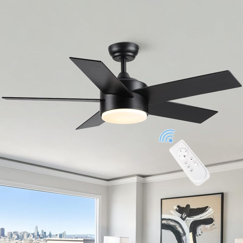 Photo 1 of 44 inch Black Ceiling Fan with Light Remote Control, Dimmable LED Ceiling Fans with Lights, 3-Colors, Reversible, Modern Ceiling Fan for Bedroom, Dining Room, Living Room
