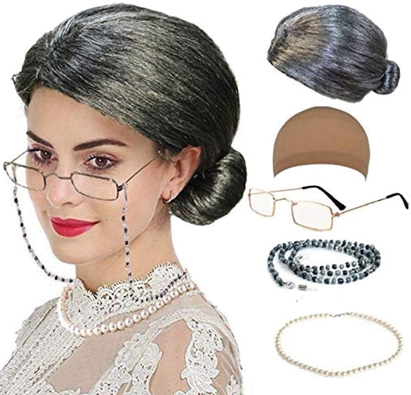 Photo 1 of Old Lady Costume for Women, Kids 100 Days of School Grandma Wigs for Girls, Granny Costume Glasses for Halloween Adults,Style-2
