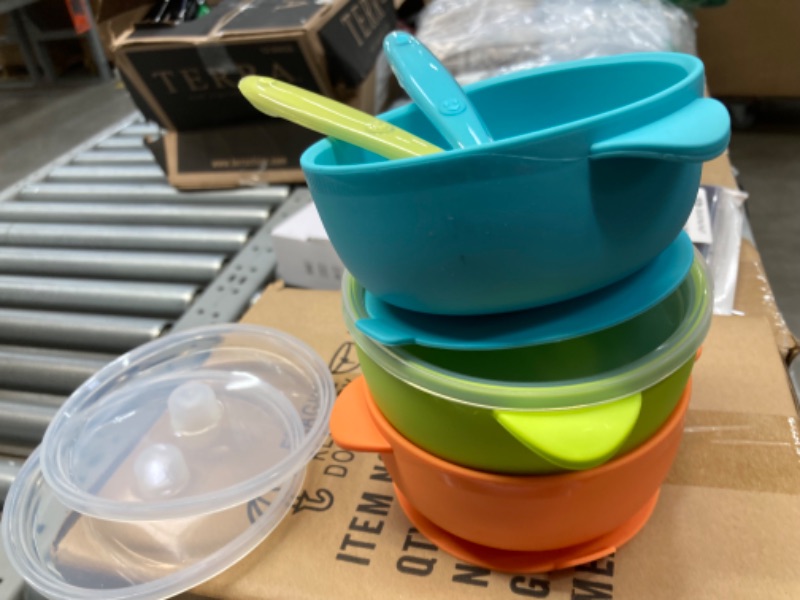 Photo 2 of KingKam Baby Bowls and Spoons, Suction Bowls for Baby, Toddler Self-Feeding Set, Leak-Proof Silicone Bowl with Lid, Dishwasher & Microwave Safe Orange & Green & Blue