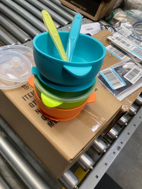 Photo 1 of KingKam Baby Bowls and Spoons, Suction Bowls for Baby, Toddler Self-Feeding Set, Leak-Proof Silicone Bowl with Lid, Dishwasher & Microwave Safe Orange & Green & Blue