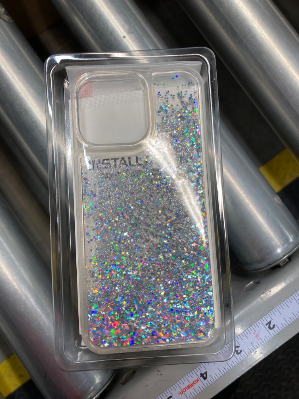 Photo 3 of Caka [3 in 1] Case for iPhone 15 Pro Max Case Glitter with Screen Protector & Camera Protector for Women Girls Girly Bling Sparkle Flowing Quicksand Clear Case for iPhone 15 Pro Max 2023 - Silver iPhone 15 Pro Max 2023 Silver with Camera Protector