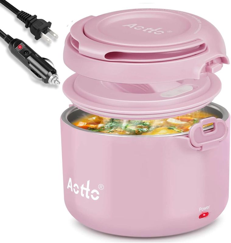 Photo 1 of Aotto Electric Lunch Box, 50/70/80W 3 in 1 Portable Food Warmer Heated Lunch Boxes for Adults, 12V 24V 110V Food Heater for Car/Truck/Travel/Office/Work/Home 32oz Leakproof Mini Personal, Pink