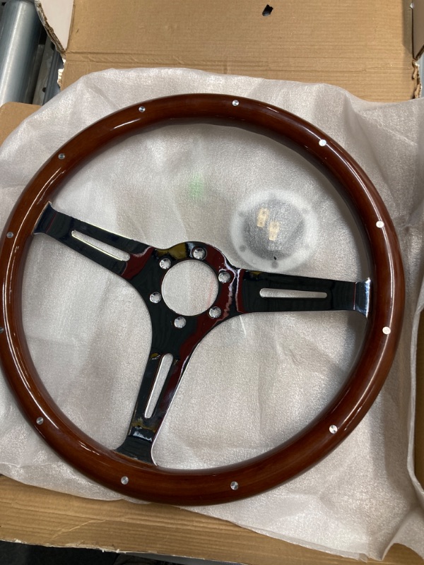 Photo 2 of 15" 6 Bolt Wood Grain Racing Rivet Steering Wheel Vintage Nostalgia Style Steering Wheel with Horn Buttons 15'' Rivet Style