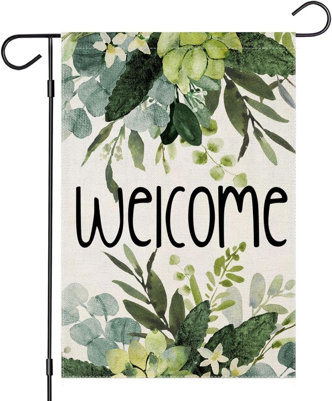 Photo 1 of * 2 PACKS * Welcome Garden Flags for Outside 12x18 Inch Double Sided, Spring Eucalyptus Leaves Small Yard Decoration, Seasonal Summer Wedding Anniversary Decor for Farmhouse Holiday Outdoor