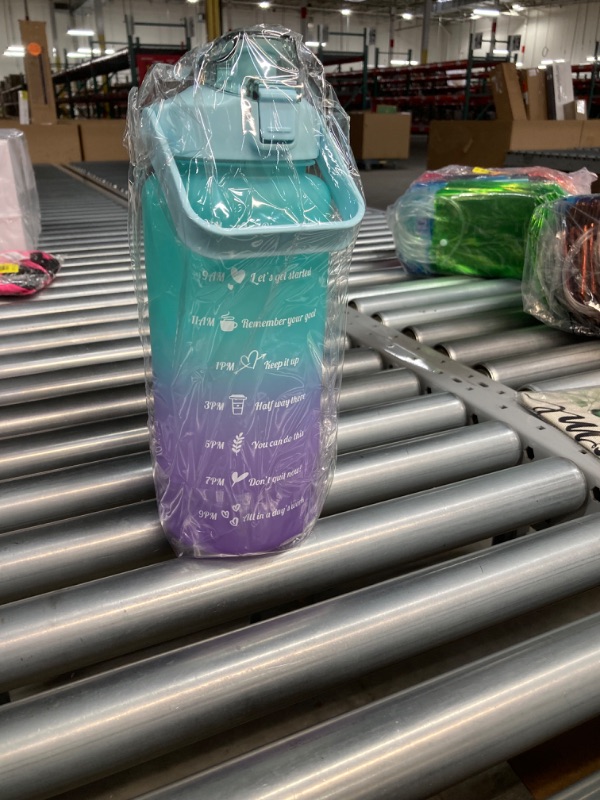 Photo 2 of 64 oz Large Capacity Water Bottle with Motivational Time Markers and Straw, Portable, Leakproof, BPA Free for Fitness, Gym and Outdoor Sports. (green gradient)
