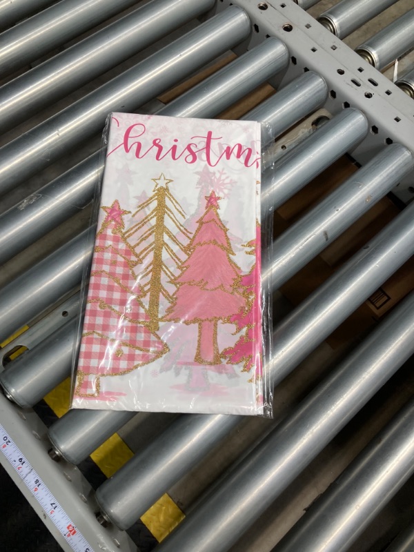 Photo 2 of 3 Pcs Pink Christmas Tree Plastic Table Covers Merry Christmas Tablecloth Winter Holiday Tablecloth Merry Christmas Table Cover for New Year Themed Party Decorations, 54 x 108 Inch