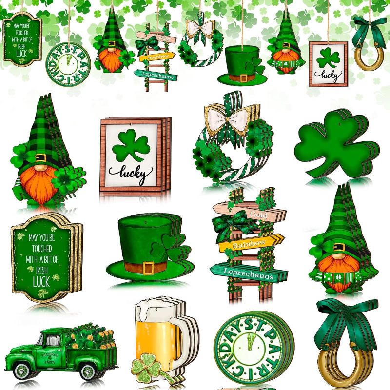 Photo 1 of 36 Pcs St. Patrick's Day Decorations Wooden St Patrick's Ornaments Irish Shamrock Hanging Decorations Holiday Green Gnome Wood Cutout Saint Patrick's Day Decor for Tree Home Craft Party Decor
