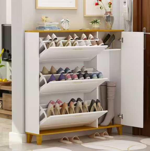 Photo 1 of  White Wood Shoe Storage Cabinet With Cabinets and 6 Foldable Compartments
