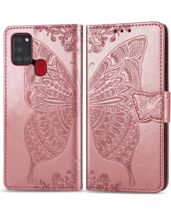 Photo 1 of  Samsung Galaxy A21S Case, Samsung A215 Wallet Case, Embossed Butterfly Premium PU Leather [Kickstand] [Card Slots][Wrist Strap] [6.5 inch] Phone Cover for Samsung A21S (A-Rose)