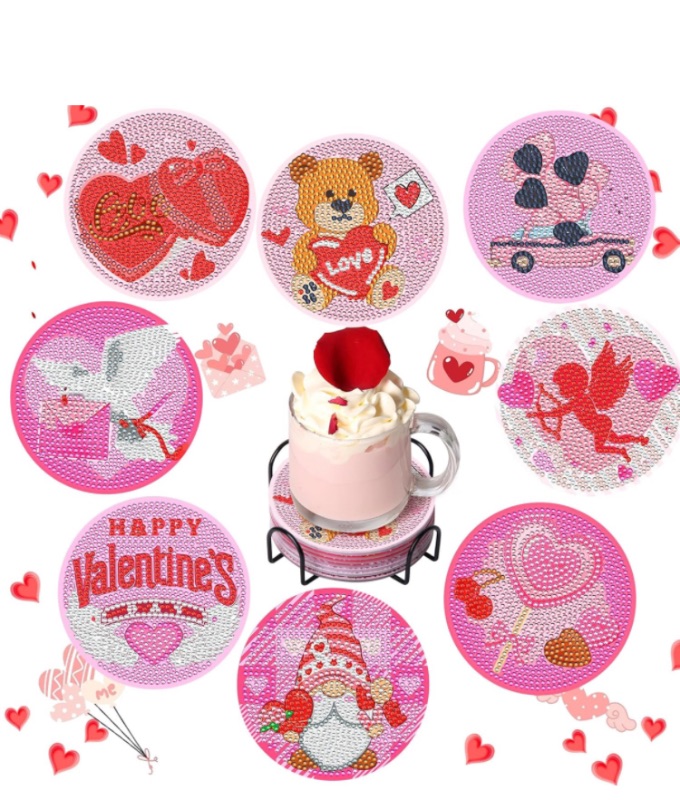 Photo 1 of AOKE 8Pcs Valentine's Day Diamond Painting Coasters Valentines Day Diamond Art Coasters Kits DIY Diamond Round Coasters with Holder for Adults Kids DIY Craft Love Party Décor Gift