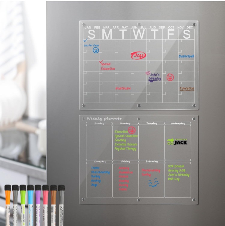 Photo 1 of Printers Jack Magnetic Acrylic Calendar for Fridge, 16"x 12" Inches 1 Set of Clear Acrylic Monthly and Weekly, Frosted Fridge Calendar with 8 Dry Erase Markers 7 Colors, Reusable Planning Board